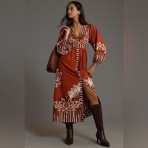 NWT Farm Rio x Anthropologie Long-Sleeve V-Neck Midi Dress XS